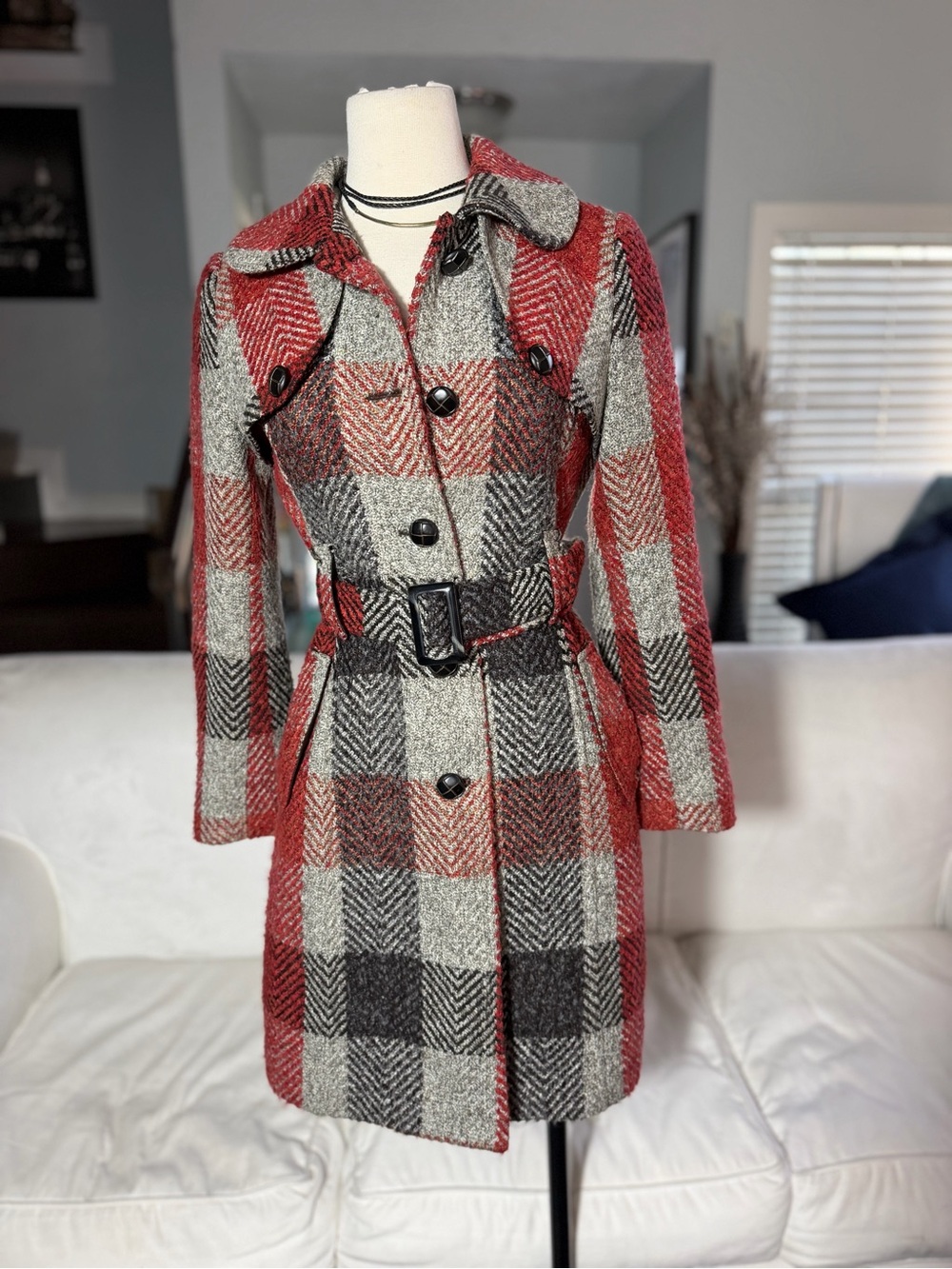 Vintage Womens Red & Gray Plaid Wool Blend Belted Coat